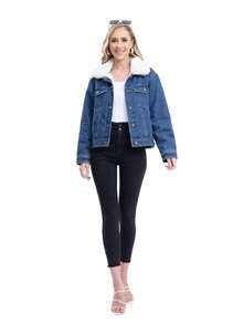 Chamarra de mezclilla con botones de solapa con peluche de manga larga - Azul lavado oscuro - Ver 2