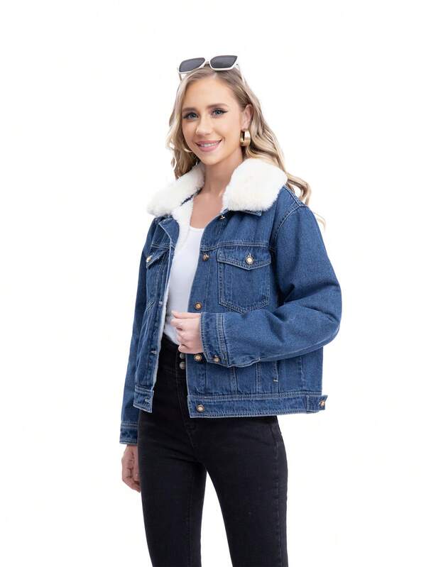 Chamarra de mezclilla con botones de solapa con peluche de manga larga