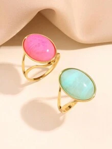 2pcs Stainless Steel Gold Yellow Ring With Light Blue And Pink Large Stones, Exaggerated Ladies Decoration - Yellow Gold - View 23