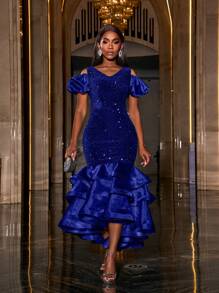 Faeriesty Layered Organza Hem Sequin Party Dress, Formal Evening Prom Dress, For Wedding Guest, Graduation, Dinner - Royal Blue - View 3