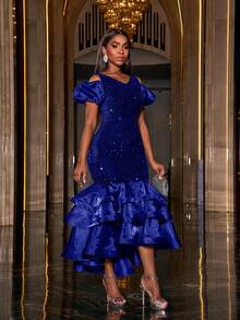 Faeriesty Layered Organza Hem Sequin Party Dress, Formal Evening Prom Dress, For Wedding Guest, Graduation, Dinner - Royal Blue - View 5