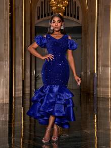 Faeriesty Layered Organza Hem Sequin Party Dress, Formal Evening Prom Dress, For Wedding Guest, Graduation, Dinner - Royal Blue - View 1