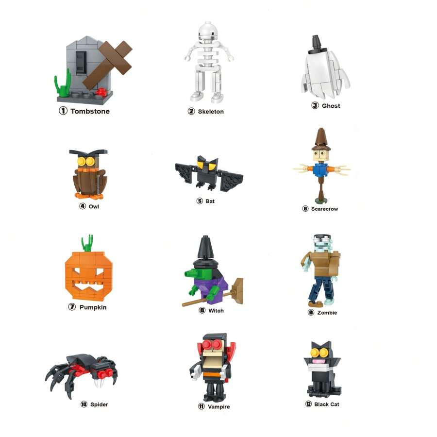 Juguetes de construcción de bloques pequeños de Halloween: Bruja, Vampiro, Zombi - Rompecabezas de dibujos animados de Halloween, regalo de cumpleaños para niños, regalo de Navidad, invierno, Acción de Gracias - Bloques de colores - Multicolor - Ver 1