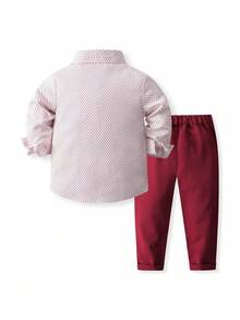 KIMOCAT 2 szt. Chłopięca koszula i spodnie w kropki na wiosnę i jesień, formalny strój - Czerwony - Zobacz 2