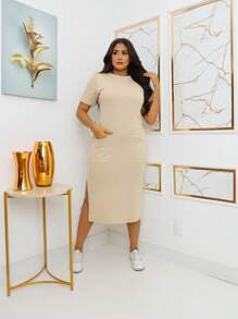 Midi Sweatshirt Dress With Front Pockets - Stylish And Modern | Fashion 2024 - 卡其色 - 查看 8