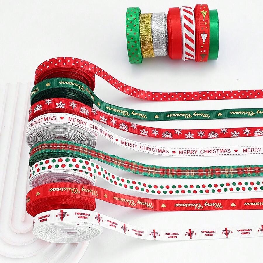 5Yard/Roll Christmas Grosgrain Ribbon Snowflake Christmas Tree Wrapping Ribbon Soft Craft Ribbon Christmas Polyester Satin Ribbon Hair Bow Clip Accessory For Christmas DIY Craft Decor