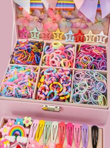 1071 件/套女孩彩色简约公主蝴蝶结发夹 BB 夹弹力发带儿童发饰，理想的生日礼物和日常使用