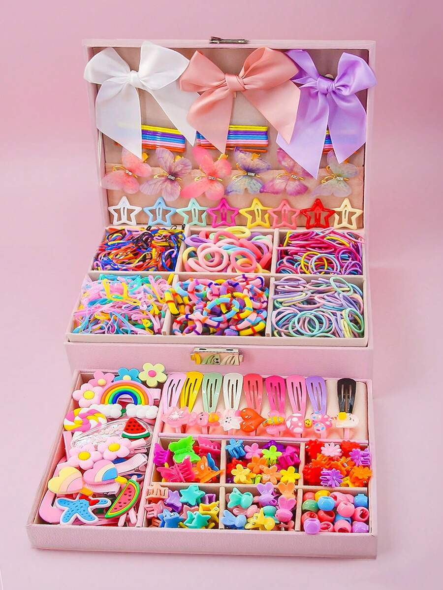 1071 件/套女孩彩色简约公主蝴蝶结发夹 BB 夹弹力发带儿童发饰，理想的生日礼物和日常使用