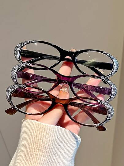 1 副椭圆形时尚水钻装饰女士眼镜，适合电脑/办公室使用，+1.0 至 +4.0 女士眼镜配件