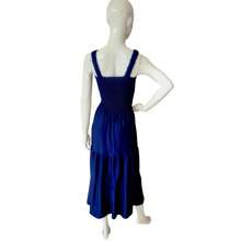 Vestido Midi de Alça larga com Lastex Cor Azul Listrado