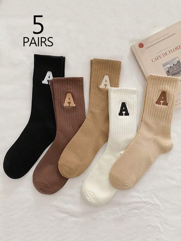 5 pares de calcetines de tripulación para mujer de unicolor con estampado de letras, versátiles, simples, suaves y cómodos, que absorben la humedad, de vuelta a la escuela