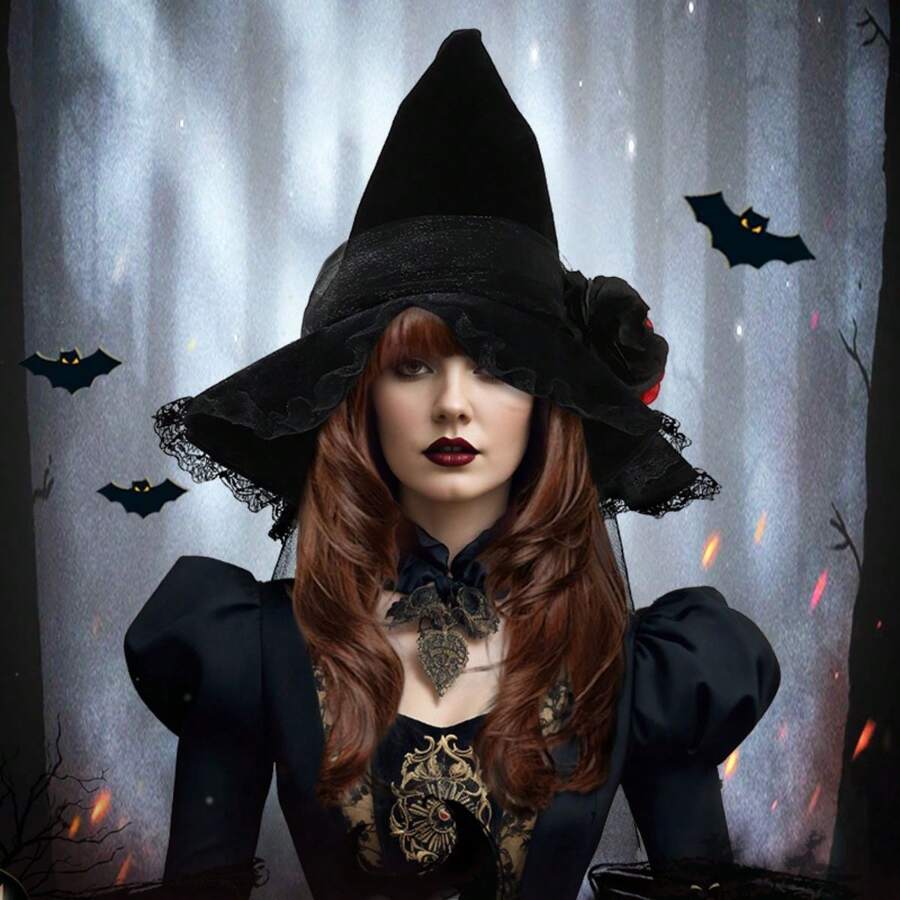 1 chiếc mũ phù thủy Baroque Halloween mới, mạng che mặt nữ hoàng Gothic & hoa giả trang trí, phụ kiện mũ phù thủy - Nhiều màu - Xem 1
