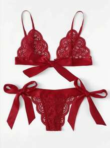 2 piezas Conjunto de lencería sexy de encaje para mujer, ropa interior erótica de 3 piezas con recortes y lazo