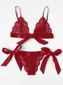 2 piezas Conjunto de lencería sexy de encaje para mujer, ropa interior erótica de 3 piezas con recortes y lazo
