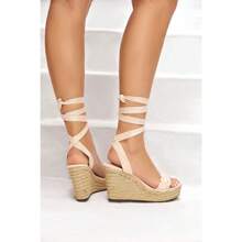 Womens Lace Up Braided Espadrille Wedge Sandals Slingback Open Toe Platform Summer Heeled Shoes - khỏa thân - Xem 4
