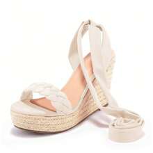Womens Lace Up Braided Espadrille Wedge Sandals Slingback Open Toe Platform Summer Heeled Shoes - khỏa thân - Xem 5