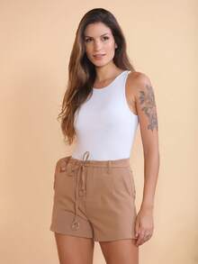 WUUW Women's Shorts Tie At The Waist Solid Colors One Size - 卡其色 - 查看 2