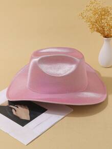 LEAJOURNO. 1pc Halloween Party Pink Fluorescent Rainbow Cowboy Hat With Laser, Western Style Holographic Cowboy Hat - Pink - View 10
