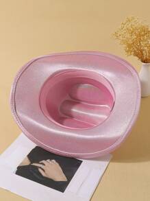 LEAJOURNO. 1pc Halloween Party Pink Fluorescent Rainbow Cowboy Hat With Laser, Western Style Holographic Cowboy Hat - Pink - View 8