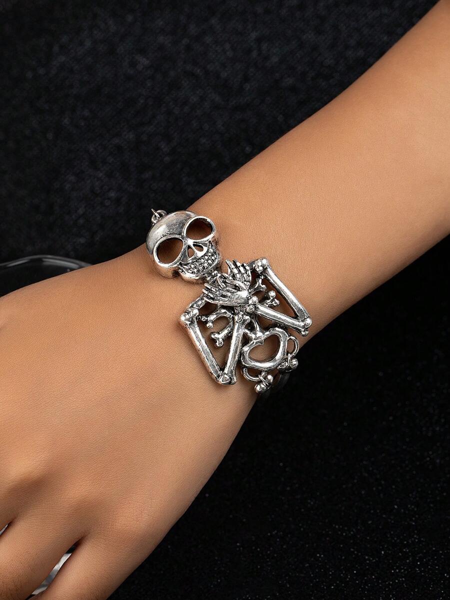 1 pieza Pulsera de cadena de mano de esqueleto vintage, para usar en Halloween y todos los días - Plata antigua - Ver 1