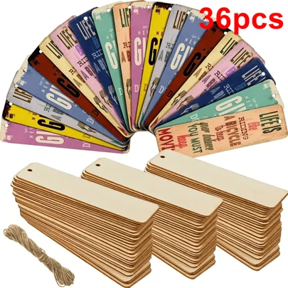 20/36pcs Blank Wooden Bookmarks, DIY Wooden Crafts Rectangular Blank Bookmarks Decor With Hole And 5m String, Suitable For Christmas, Wedding, Birthday Party Decoration