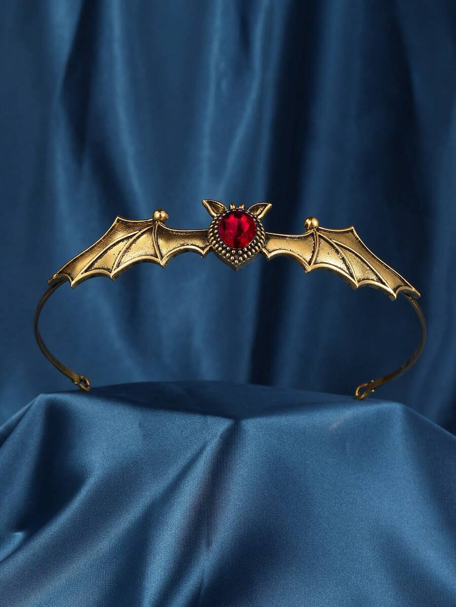Women's Retro Baroque Punk Metal Bat Design Crown Headpiece, Bridal Party Headwear With Rhinestones Halloween - Red - View 1