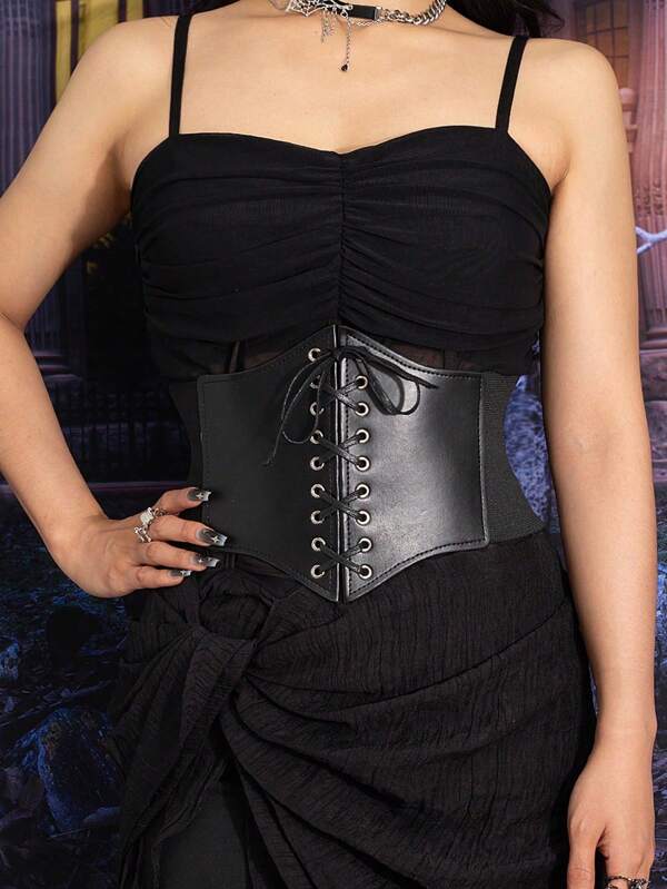 1pc Women's Black Corset Self-Tie Waist Cincher, Elastic Waistband, Minimalist Design For Daily Wearwomen Corset Belt Accessories For Ladies For Dress Western Cowboy Cowgirl Country Wear Vintage Black Belt Women Corset Belt For Dress,Waist Trainer Waist-Shaping For Waist Slimming And Tummy Control