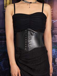 1 pieza Corsé negro para mujer con cintura anudable, cinturón elástico, diseño minimalista para uso diario, accesorio de corsé para mujeres para vestidos, estilo vaquero occidental, vaquera, país, vintage, corsé negro para vestido, entrenador de cintura para adelgazamiento y control del abdomen, disfraz de Halloween