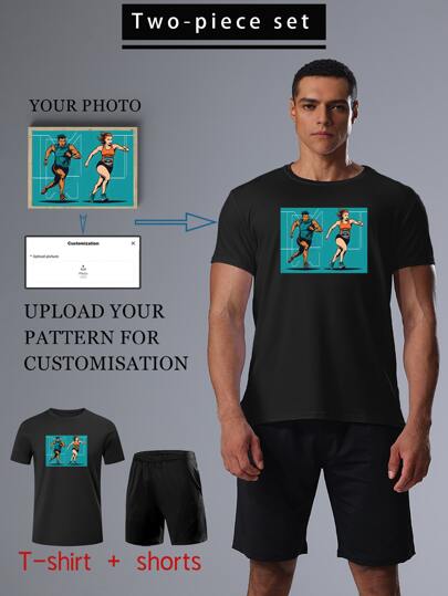 [Customized] Boyfriend Style Men's Sports Suit, Upload Image For Personalized Design, Running & Casual Outfit, Team/Family Commemorative, Moisture-Wicking, Breathable, Quick-Dry T-Shirt & Shorts Set
