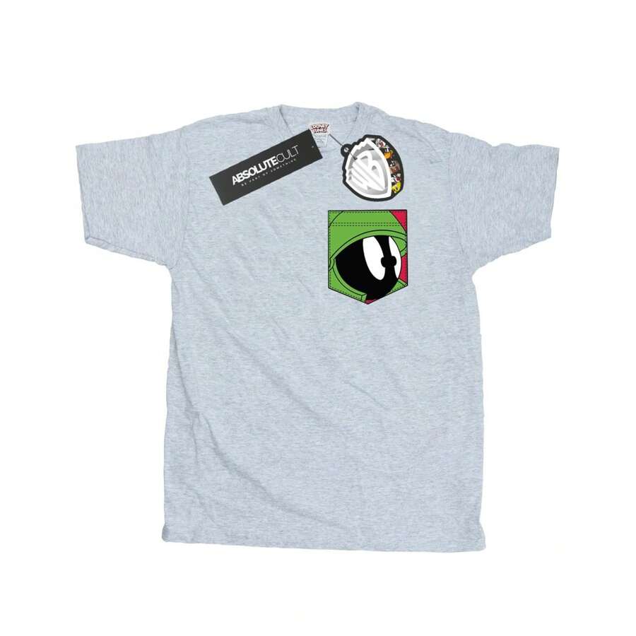 LOONEY TUNES Mens Marvin The Martian Face Faux Pocket T-Shirt (Sports Grey) - 灰色 - 查看 1