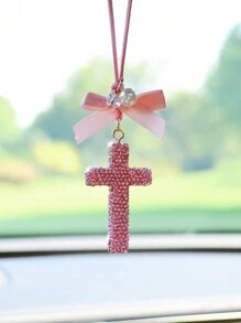 1pc Rhinestone Encrusted Ceramic Cross Car Hanging Decor - one-size - View 2