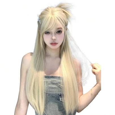 1 Bộ tóc giả dài thẳng tổng hợp chịu nhiệt màu vàng trắng, có mái, dài 26 inch, làm từ sợi, thích hợp sử dụng hàng ngày, tóc giả tự nhiên và chân thực (không bao gồm phụ kiện)