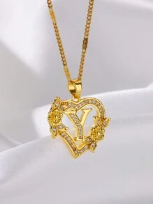 1 Pc Fashion Zirconia Flower Initial Heart Pendant Necklaces For Women Gold Color Stainless Steel Letter Chain Wedding Jewelry Gifts Valentines,Mom,Mother,Mother's Day,Gift