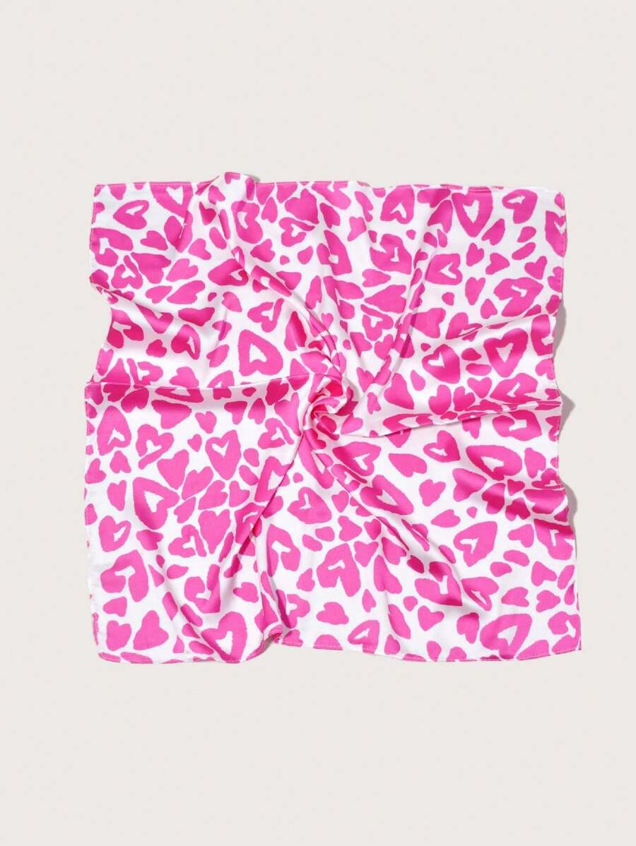 1pc Women Bandana Polyester Hot Girl Heart Printed Scarf, Multi-Use Headscarf, Suitable For All Seasons - Pink - View 1