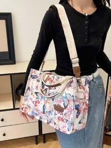 大容量蝴蝶印花手提包，图案随机，适合上学、工作、旅行，非常适合节日礼物 - 彩色 - 查看 3