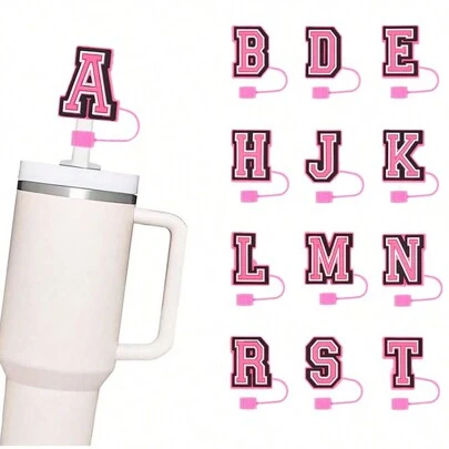 0.4in Cute Silicone Straw Cover For Cup, Initial Letter Straw Cover,  Dust-Proof Reusable Straw Tips Lids,Personalized Charm For Tumbler(Pink)