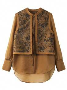 JIANHU Elegant Jacquard Patchwork Khaki 2 In 1 Shirt, Autumn - Coffee Brown - View 3