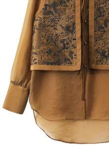 JIANHU Elegant Jacquard Patchwork Khaki 2 In 1 Shirt, Autumn - Coffee Brown - View 7