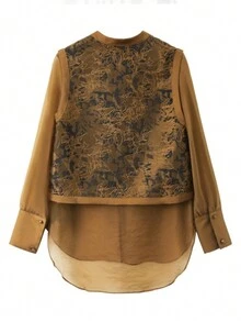 JIANHU Elegant Jacquard Patchwork Khaki 2 In 1 Shirt, Autumn - Coffee Brown - View 4