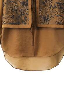 JIANHU Elegant Jacquard Patchwork Khaki 2 In 1 Shirt, Autumn - Coffee Brown - View 8