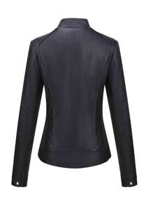 女士PU皮夹克 - 优雅简约，配腰带、口袋和拉链，适合秋季、冬季和春季穿着。 - 黑色 - 查看 7