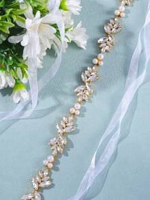 1pc Bridal Rhinestone Sash, Crystal Thin Waist Belt, Suitable For Wedding Dress, Halloween Costume - Gold - View 1