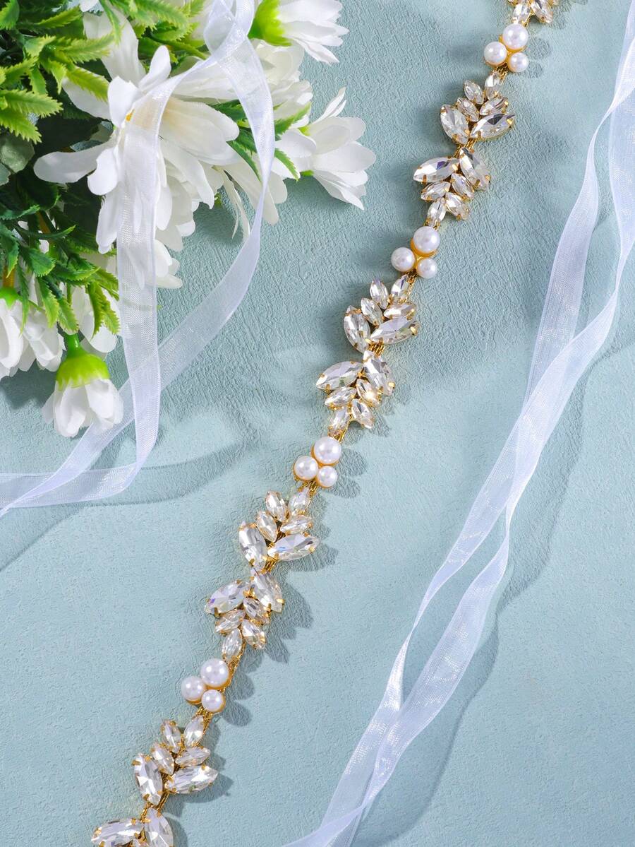 1pc Bridal Rhinestone Sash, Crystal Thin Waist Belt, Suitable For Wedding Dress, Halloween Costume - Gold - View 1