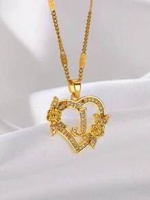 1 Pc Fashion Zirconia Flower Initial Heart Pendant Necklaces For Women Gold Color Stainless Steel Letter Chain Wedding Jewelry Gifts Valentines,Mom,Mother,Mother's Day,Gift