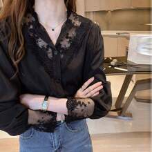 Women's Long Sleeve Lace Sheer Blouse Chinese Collar - 黑色 - 查看 1