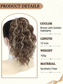 Curly Hair Ponytail Extension 12 Inch Claw Drawstring Ponytail Wig Pieces Brown With Golden Highlights High Pony Tails Hair Extensions Synthetic Friendly Fiber For Women