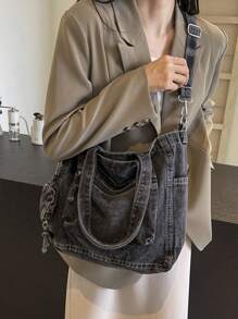 Bộ 2 chiếc túi xách tay kiểu cổ điển dung tích lớn, túi đeo vai tối giản màu trơn, dây đeo chéo có thể điều chỉnh, phù hợp cho công việc, đi làm, đi học, đi chơi hàng ngày và mua sắm. - Màu xám đen - Xem 5