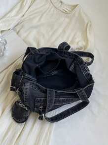 Bộ 2 chiếc túi xách tay kiểu cổ điển dung tích lớn, túi đeo vai tối giản màu trơn, dây đeo chéo có thể điều chỉnh, phù hợp cho công việc, đi làm, đi học, đi chơi hàng ngày và mua sắm. - Màu xám đen - Xem 11