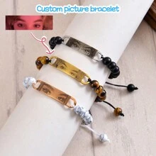 8mm Tiger's Eye Stone Bracelet, Turquoise Bracelet, Matte Black Stone Bracelet, Customized Photo & Text Couples Bracelet Set - Rose Gold - View 6