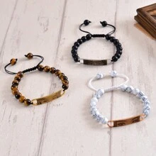 8mm Tiger's Eye Stone Bracelet, Turquoise Bracelet, Matte Black Stone Bracelet, Customized Photo & Text Couples Bracelet Set - Rose Gold - View 7